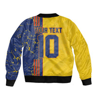 Back of yellow and navy bomber jacket with number 10 graphic and 'YOUR TEXT' lettering