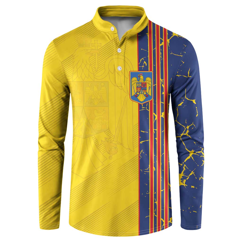 Yellow and navy button sweatshirt with crest and vertical stripe front panel