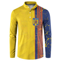 Yellow and navy button sweatshirt with crest and vertical stripe front panel