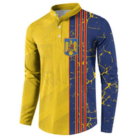 Two-tone yellow and navy button sweatshirt with crest and long sleeves