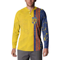 Yellow and navy button sweatshirt with crest logo and vertical stripe front