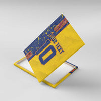 Yellow and blue canvas wall art angled, with 'YOUR TEXT' and large 0 digit graphic