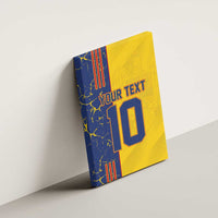 Yellow and blue canvas wall art with 'YOUR TEXT' and large 10 graphic on wall