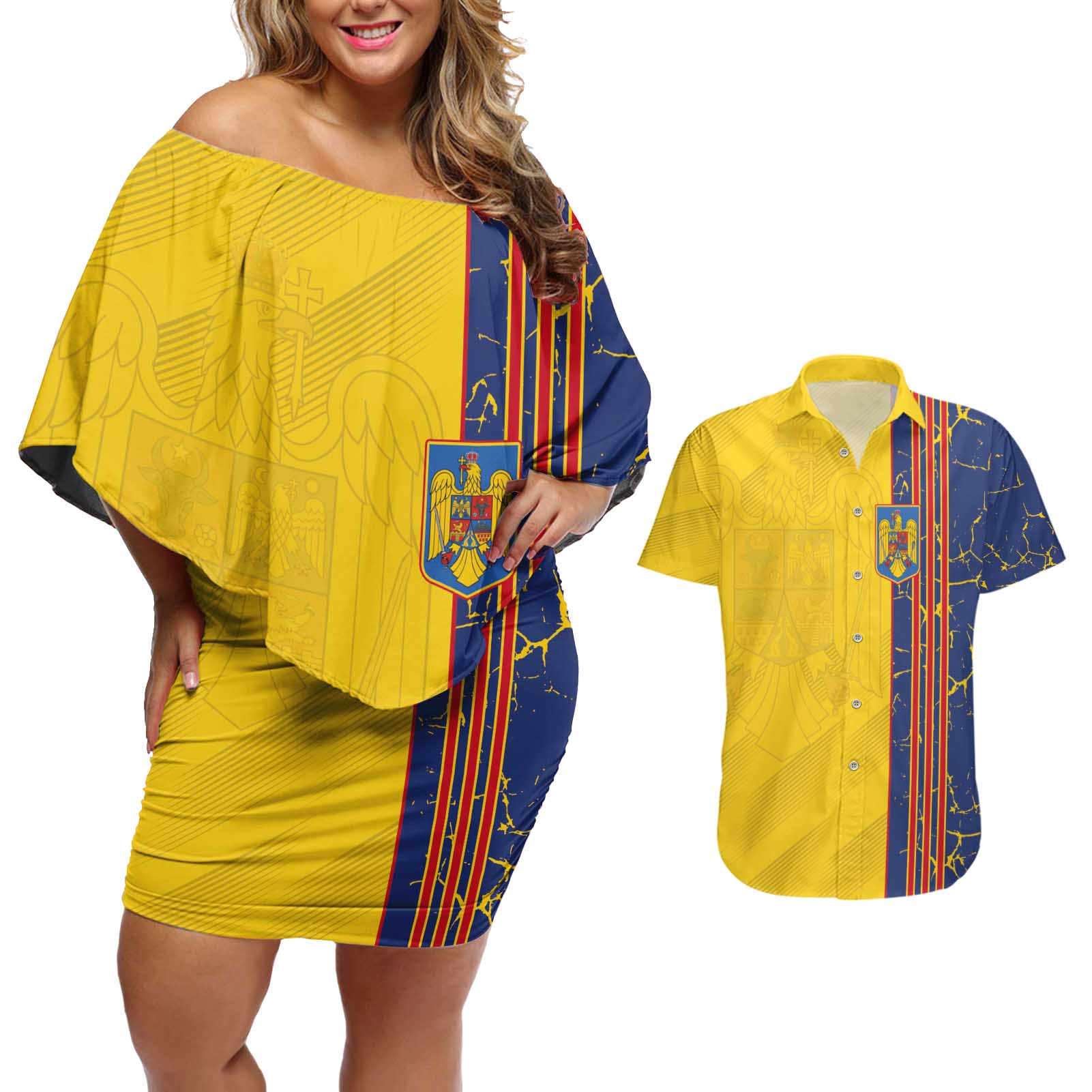 Custom Romania Football 2024 Go Champion Couples Matching Off Shoulder Short Dress and Hawaiian Shirt - Wonder Print Shop