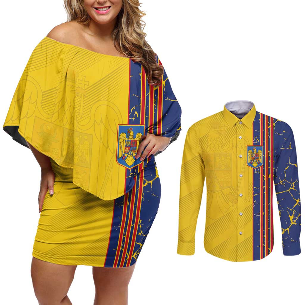 Custom Romania Football 2024 Go Champion Couples Matching Off Shoulder Short Dress and Long Sleeve Button Shirt - Wonder Print Shop