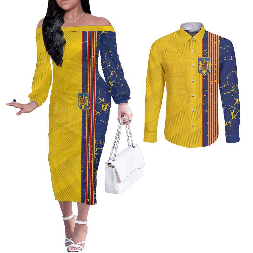 Custom Romania Football 2024 Go Champion Couples Matching Off The Shoulder Long Sleeve Dress and Long Sleeve Button Shirt