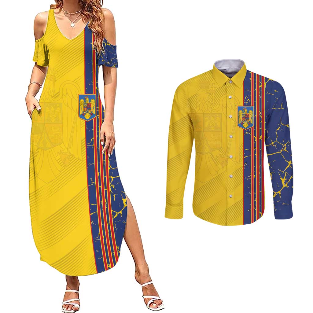 Custom Romania Football 2024 Go Champion Couples Matching Summer Maxi Dress and Long Sleeve Button Shirt - Wonder Print Shop