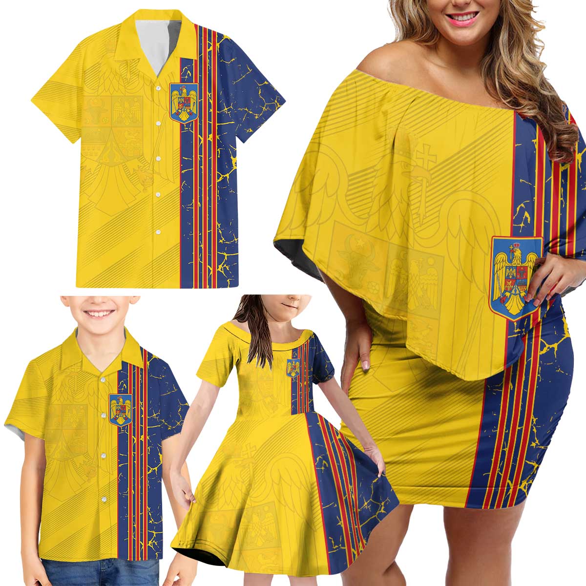 Custom Romania Football 2024 Go Champion Family Matching Off Shoulder Short Dress and Hawaiian Shirt - Wonder Print Shop