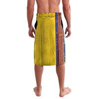 Yellow football-style lavalava shorts with side stripe panels, elastic waistband
