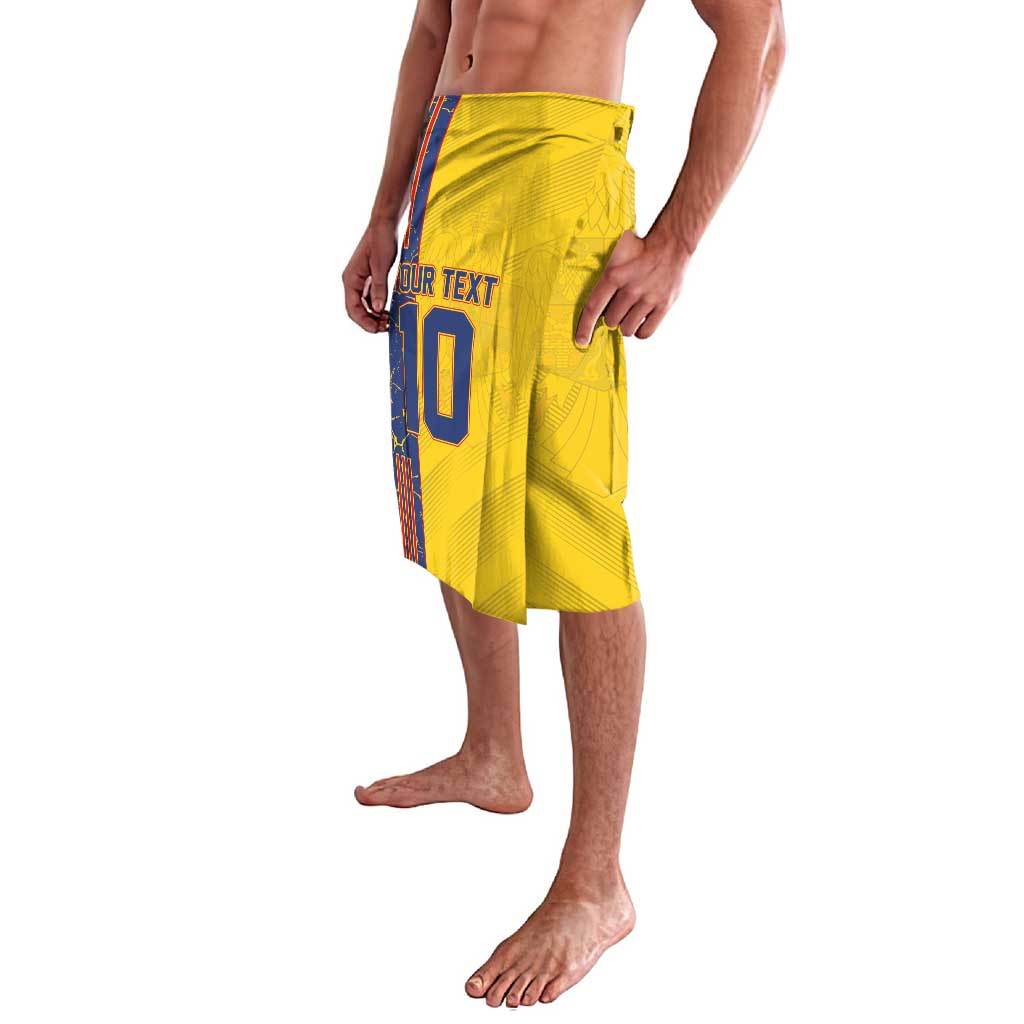 Yellow lavalava shorts with number 10 graphic and vertical blue-red stripe trim