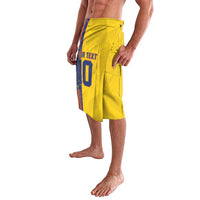 Yellow lavalava shorts with number 10 graphic and vertical blue-red stripe trim