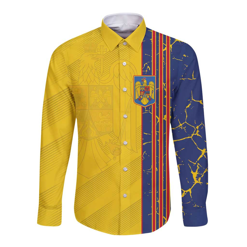 Long-sleeve button football shirt, yellow front with crest, striped side panel, blue sleeves