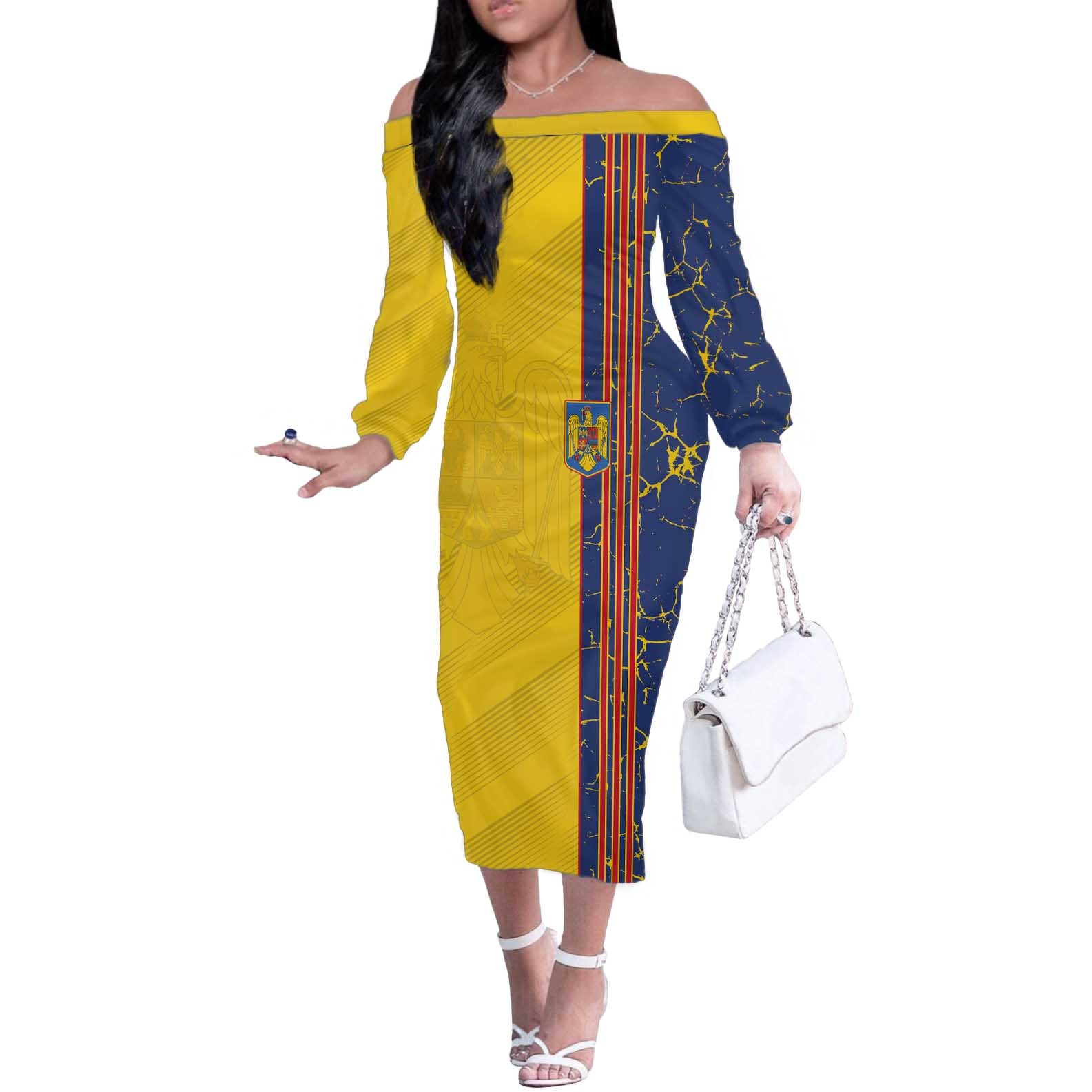 Custom Romania Football 2024 Go Champion Off The Shoulder Long Sleeve Dress - Wonder Print Shop