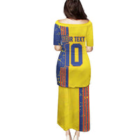 Yellow football jersey long dress with blue back panel, YOUR TEXT and 10