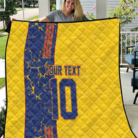 Yellow quilt blanket with blue panel, custom text and number 10 print, quilted texture