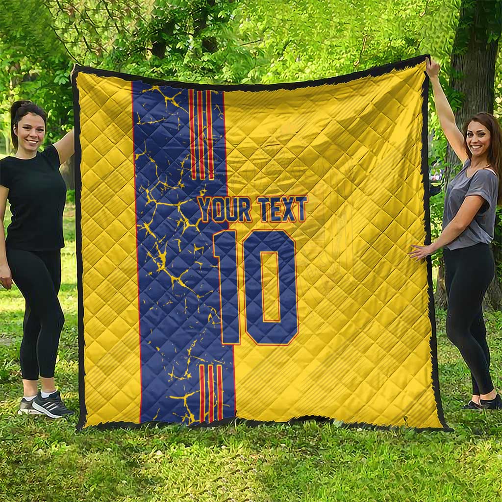 Yellow football quilt blanket with blue stripe panel, custom text and number 10, full view