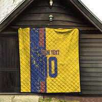Yellow quilt blanket with blue vertical panel, custom text and number 10, wall display