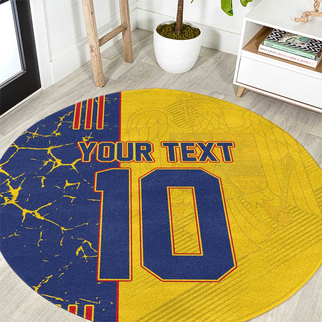 Round yellow and navy football-themed carpet with large 10 and 'YOUR TEXT' print