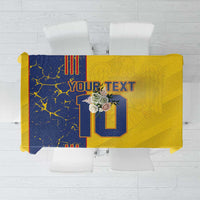 Yellow tablecloth with blue graphic stripe and custom text center design