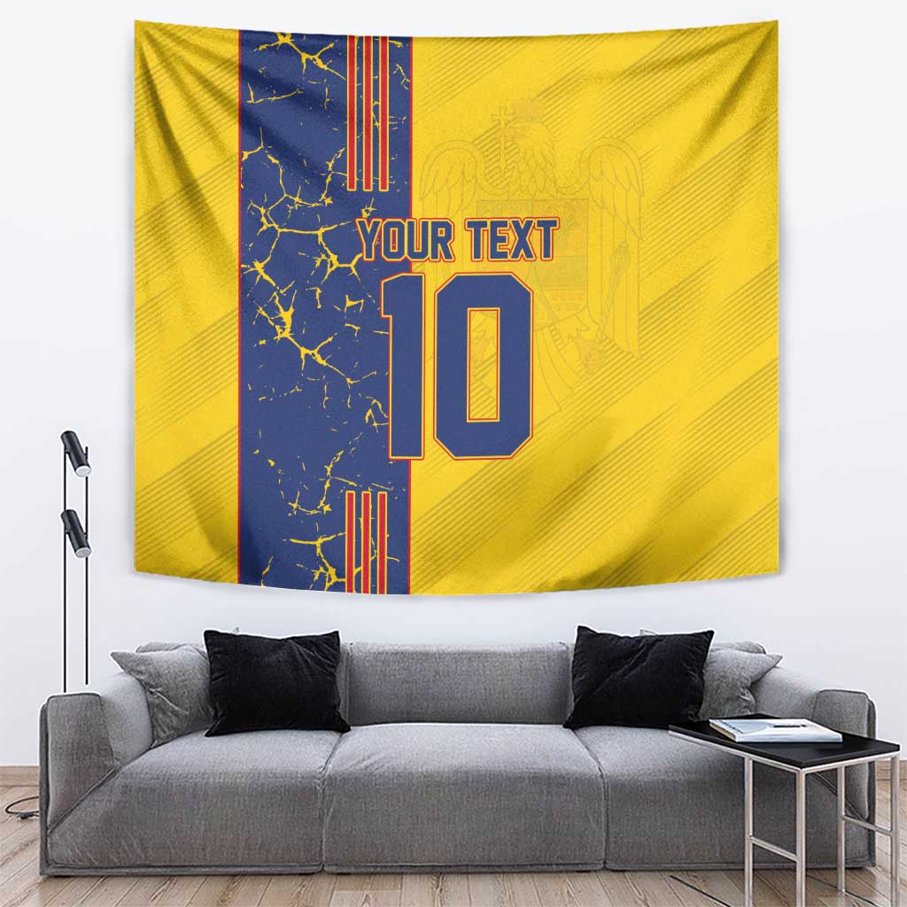 Yellow football tapestry with blue stripe, YOUR TEXT and large number 10 design