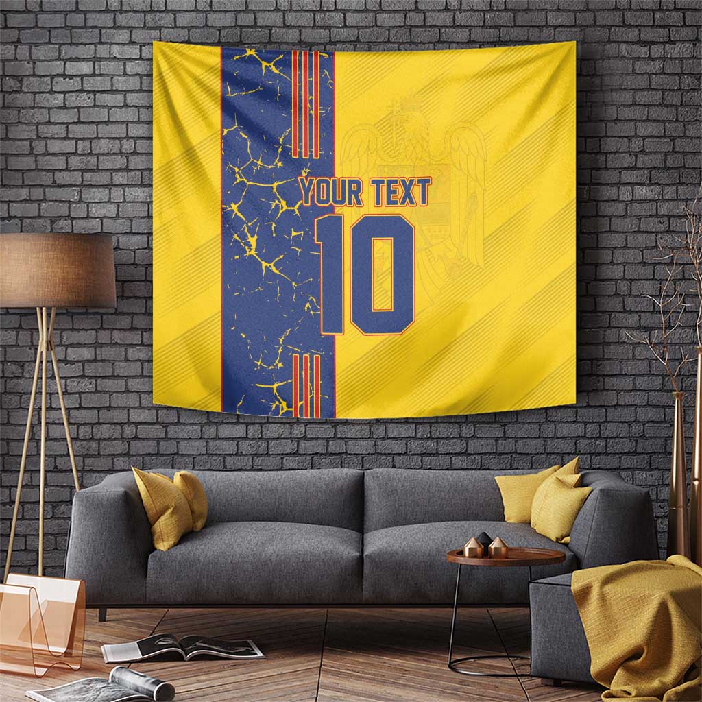 Yellow football tapestry featuring blue stripe, YOUR TEXT and number 10 at center
