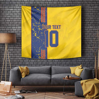 Yellow football tapestry featuring blue stripe, YOUR TEXT and number 10 at center