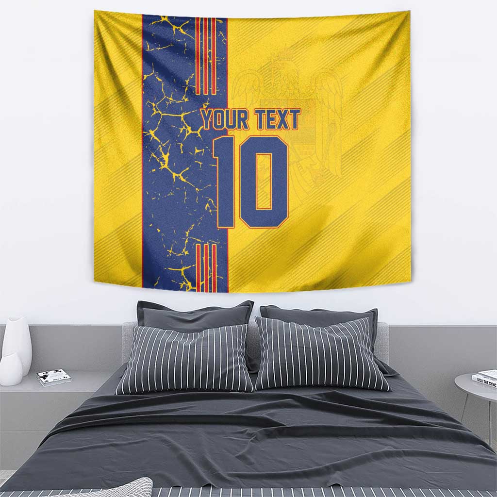 Yellow football tapestry with blue vertical panel, YOUR TEXT and bold number 10