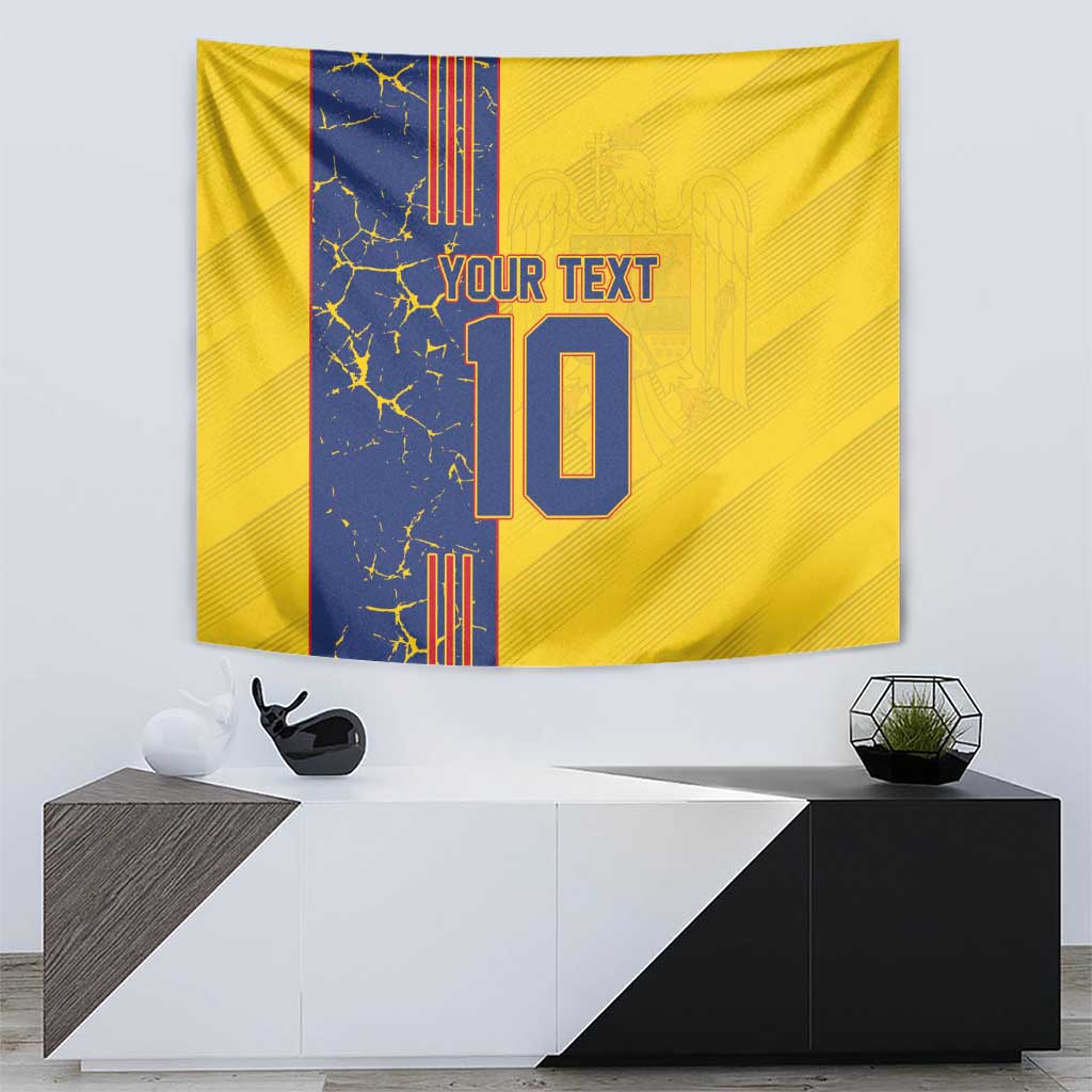Yellow football tapestry showing blue stripe, YOUR TEXT and large number 10 graphic