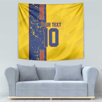 Yellow football tapestry with blue stripe, YOUR TEXT and prominent number 10