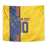 Yellow football tapestry close-up with blue stripe, YOUR TEXT and number 10