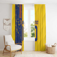 Yellow and navy football curtains with custom text and number graphic, room display
