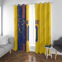 Yellow and navy football window curtains with custom text and number graphic, hanging hooks