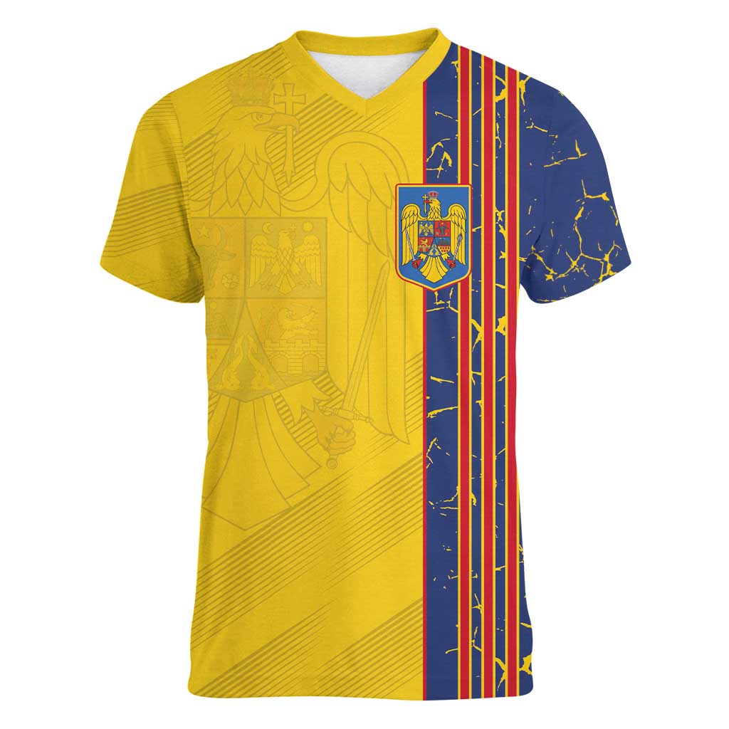 Custom Romania Football 2024 Go Champion Women V-Neck T-Shirt - Wonder Print Shop