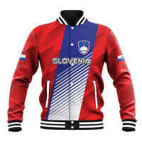 Red and navy baseball jacket with striped crest, SLOVENIA text front, button closure