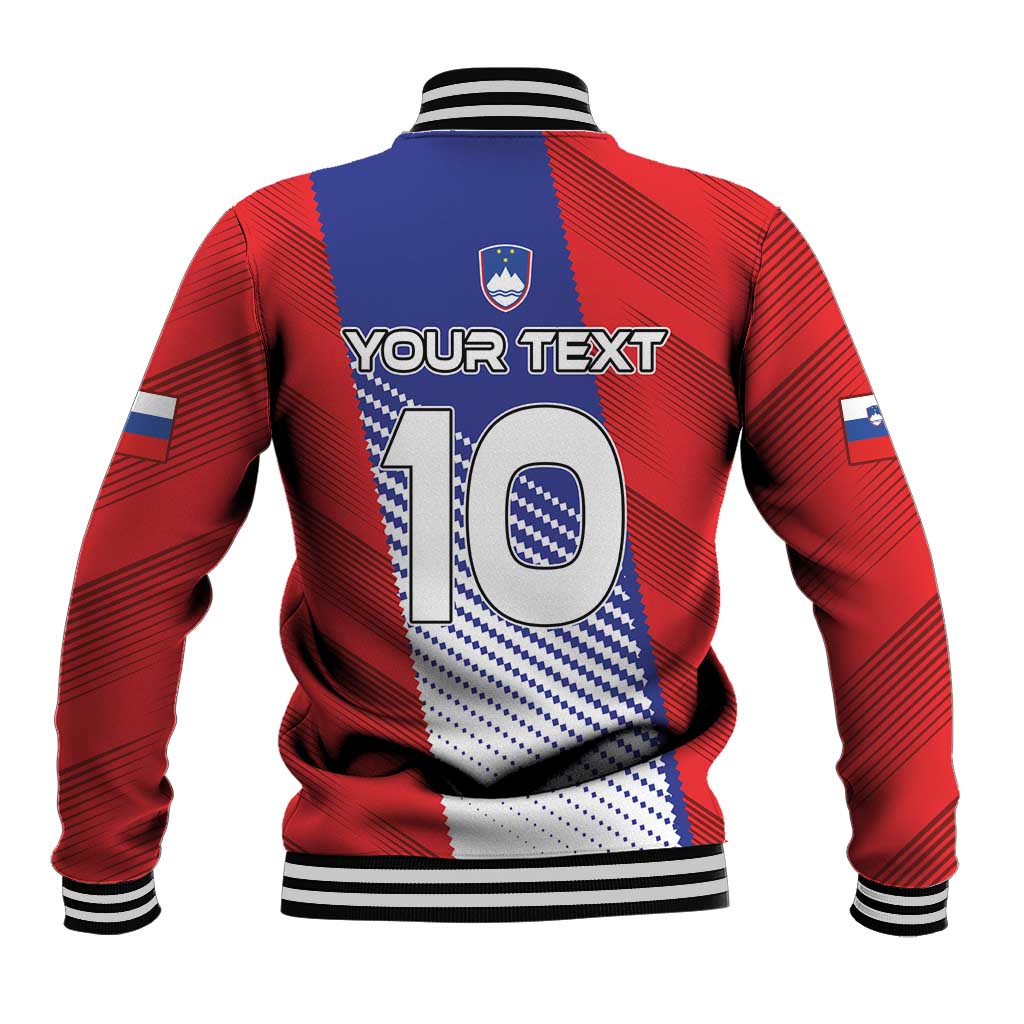 Red and navy baseball jacket with striped panels, number graphic on back