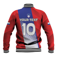Red and navy baseball jacket with striped panels, number graphic on back