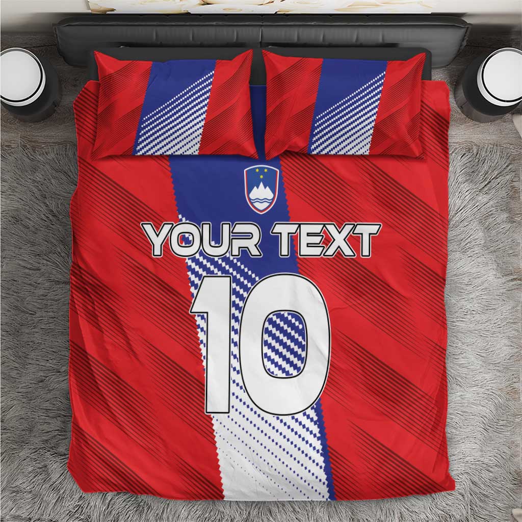 Red football bedding set with blue-and-red graphic, crest, and large "10" design