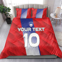 Red football duvet set with blue-and-red stripe panel, crest, "YOUR TEXT" and "10"