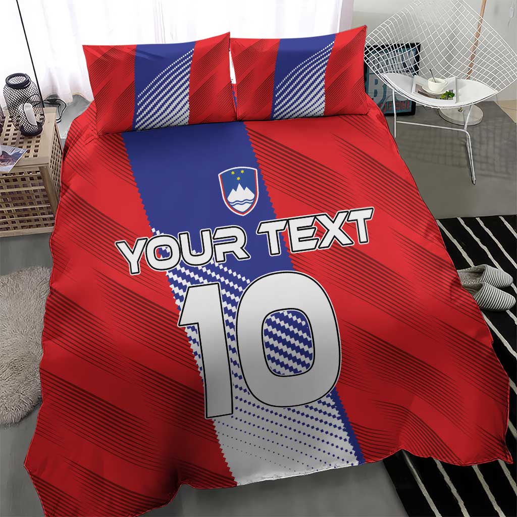 Red football duvet set with crest and large "10" graphic; "YOUR TEXT" centered