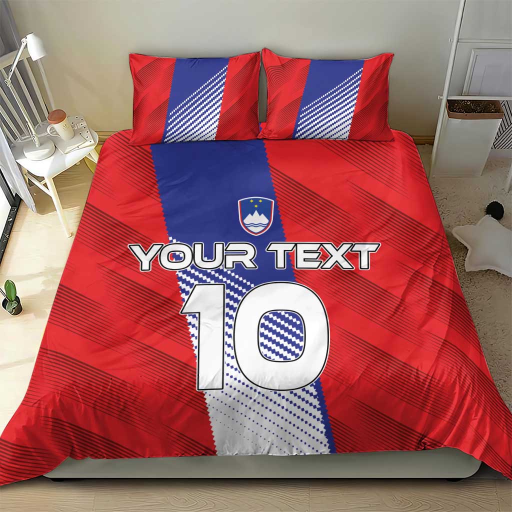 Red football bedding set with blue-striped panel, crest, "YOUR TEXT" and large "10" motif