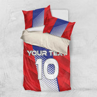 Red football bedding set with crest, blue stripe accents, "YOUR TEXT" and large "10"