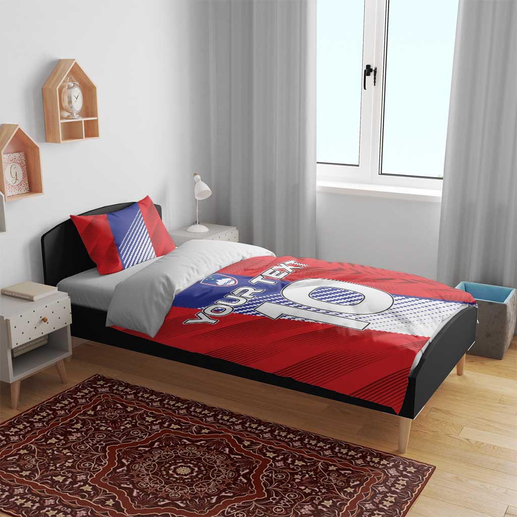 Red football duvet bedding set with crest and "10" design, "YOUR TEXT" headline and pillows
