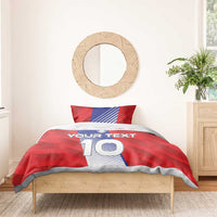 Red football duvet set with crest, blue stripe accents, "YOUR TEXT" and large "10" motif