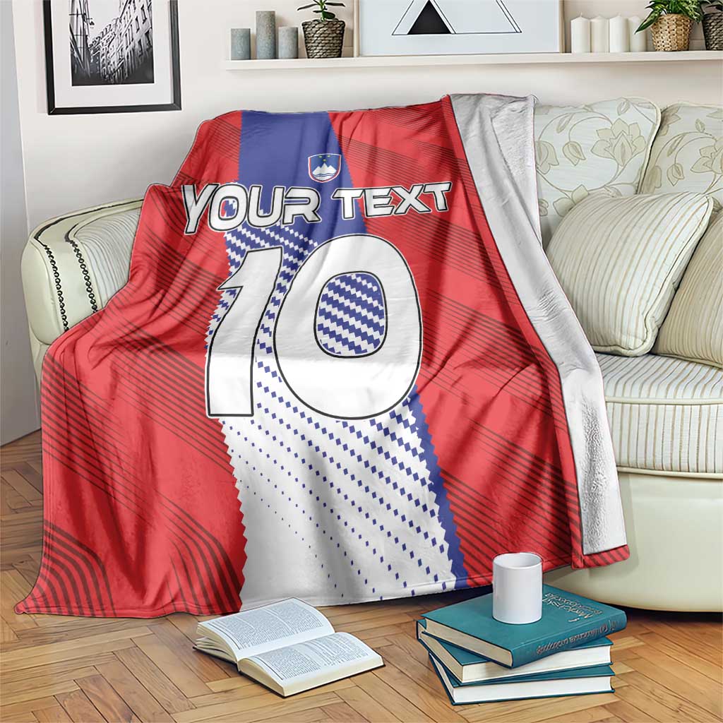 Red and blue Slovenia-style football blanket with large “10” and crest graphic, personalized text