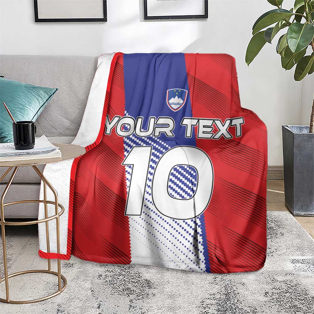 Red and blue football blanket on gray couch, personalized “Your Text” over large “10”