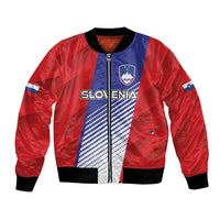 Red and blue bomber jacket with full zip, black ribbed trim, Slovenia crest and name on front