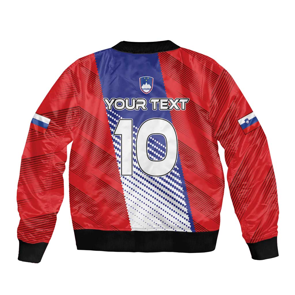 Red and blue bomber jacket with full zip, black ribbed trim, Your Text and large 10 graphic on back