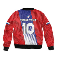 Red and blue bomber jacket with full zip, black ribbed trim, Your Text and large 10 graphic on back