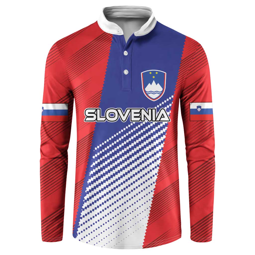 Red and blue football button sweatshirt with collar, Slovenia graphic, and crest logo