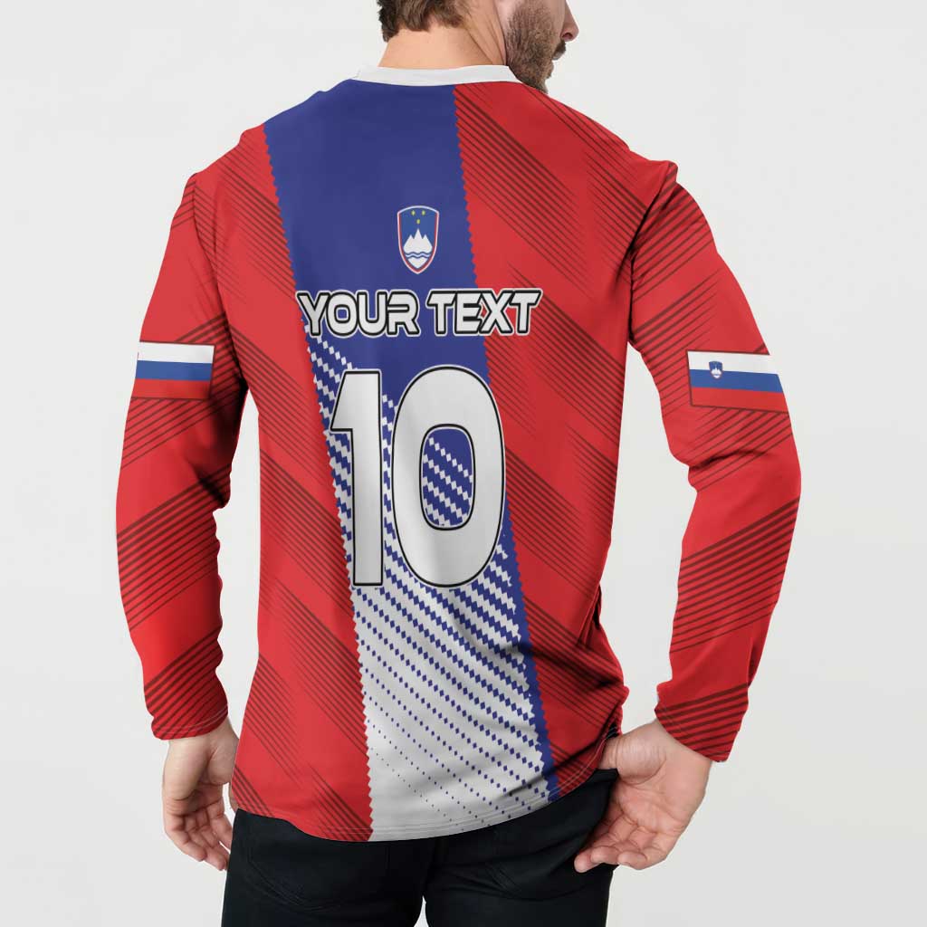 Red and blue football button sweatshirt, back view with YOUR TEXT and large 10 print